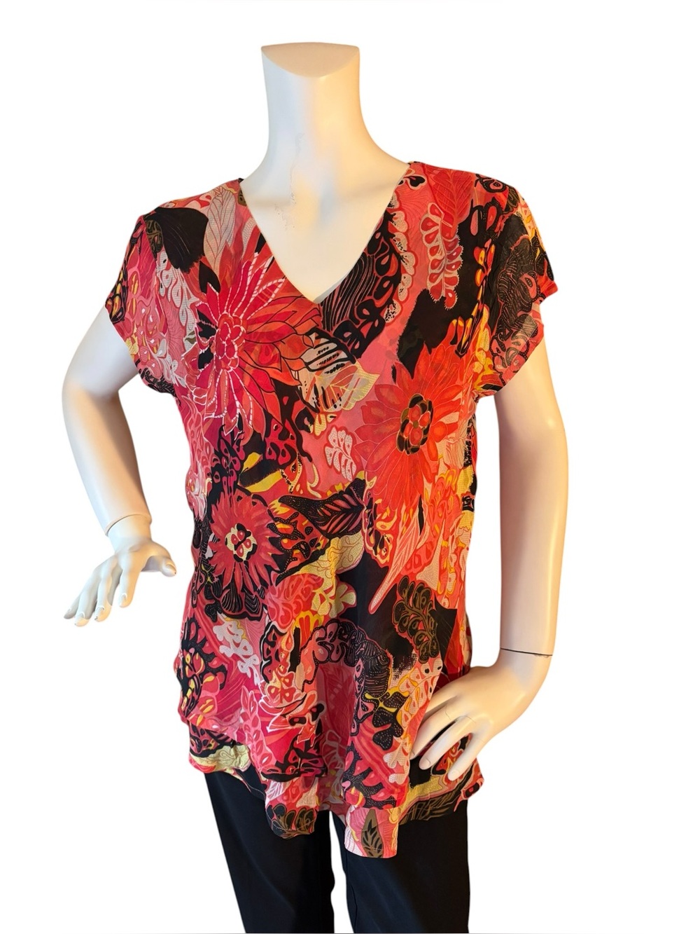 Masai Women’s Floral V-Neck Tunic Two Tiered Top -Red, Yellow, Orange, Black, L